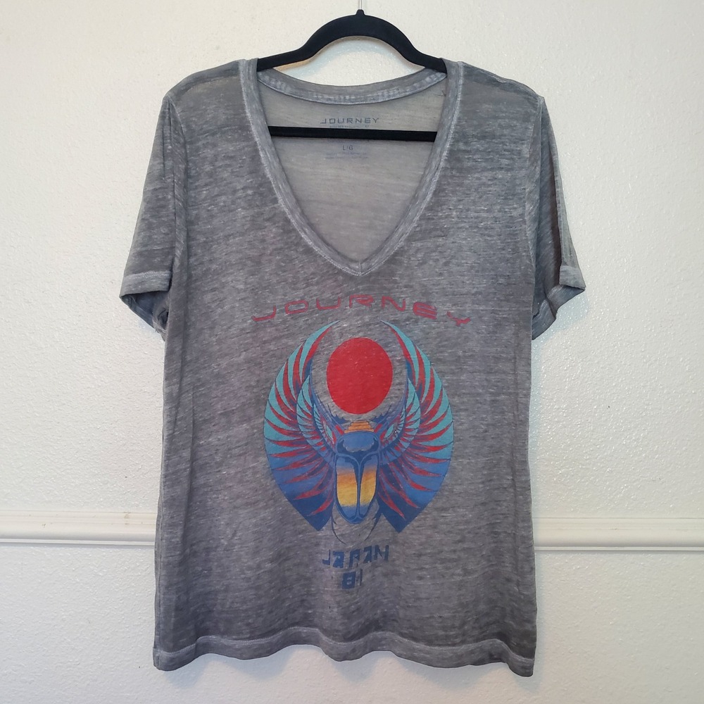 Lucky Brand Journey Band Tee Womens Large Gray V-Neck Japan 81 Graphic T-Shirt